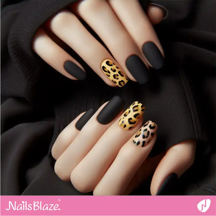 Black Matte Nails with Leopard Print Design | Animal Print Nails - NB2594